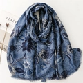 Floral print cotton linen feel scarf with frayed edges in vintage blue and white - Blue (SL2410-001)