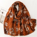 Sciarpa in cotone e lino rosso ruggine con motivi floreali dipinti a mano e bordi sfrangiati - Arancione (SL2410-001)
