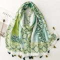 Scialle bohémien verde con stampa geometrica e nappe per vacanze e protezione solare - Taglia unica / Stampa geometrica verde (SL2410-011)