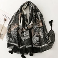 Linen feel cotton scarf with botanical leaf prints and stylish black fringe tassels - Black (SL2410-006 Black)