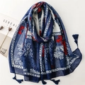 Chic cotton-linen feel scarf with blue leaf prints and decorative fringe tassels - Blue (SL2410-006 Blue)