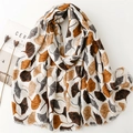 Linen feel scarf with white ginkgo leaf print and frayed edges for autumn winter - White