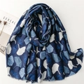Navy blue linen-feel scarf with white ginkgo leaf print and frayed edges for winter - Blue