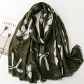 Sciarpa verde scuro in cotone e lino con motivi a fiocco bianchi e frange morbide - 180*88cm / Verde (SL2410-012)