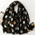 Elegant black scarf with metallic gold polka dots and fringe detail for women - 180*88cm / Black