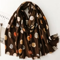 Detail of coffee cotton-linen scarf with colorful polka dots and natural frayed edges - 180*88cm / Camel