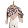 Écharpe à carreaux épaisse beige et marron avec rayures sarcelle et franges courtes - Jaune Foncé à Carreaux (FJ010-011)