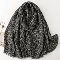 Long leopard print scarf in gray and black with raw fringe edges on a white background - 180*88cm / Black Grey (SL2410-019)