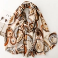 Bohemian cotton linen feel scarf with geometric gold foil circles and fringe edges - Khaki