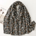Floral print cotton-linen scarf shawl with fringe edges and botanical patterns - Black