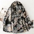 Cotton linen feel scarf with gold foil geometric bubble patterns and fringe edges - Black and Gray