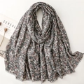 Écharpe élégante en coton et lin pour femmes avec imprimé fleuri et bords à franges - Gris