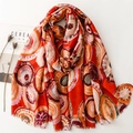 Artistic red cotton linen scarf with colorful geometric bubble patterns and fringe trim - Orange Red