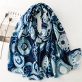 Blue cotton linen scarf with geometric gold stamping and gradient bubble patterns - Blue