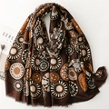 Brown cotton-linen feel scarf with vintage gold wheel geometric prints and frayed edges - Brown