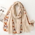 Detail of light beige scarf featuring vintage floral embroidery and soft cotton feel - Khaki