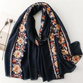 Navy blue linen-feel scarf with colorful ethnic floral embroidery and decorative edges - Navy Blue