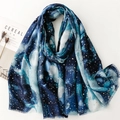 Starry sky gradient scarf with gold foil accents and natural frayed edges on white - Blue