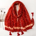 Sciarpa floreale in cotone e lino con nappe rosse e motivo boho su sfondo bianco - Stampa Floreale Rosso (SL2411-010 Rosso)