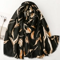 Elegant black cotton linen scarf with orange leaf pattern and fringe, stylish autumn shawl - 180*88cm / Black (SL2411-014)