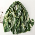 Green and white tie-dye linen scarf with gold foil and tassel edges for women - Green