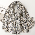 Linen feel scarf with vintage blue berry and leaf prints and fringe edges for women - Beige