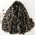 Floral print cotton linen scarf with frayed edges and delicate leaf pattern in black - Black