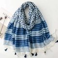 Blue and white porcelain style shawl with polka dots and stripes featuring tassels - White Base Polka Dot Stripe Style (SL2411-019白底)