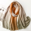 Detail of gradient shawl scarf with gold foil accents and fringes on white background - 180*88cm / Khaki and Grey