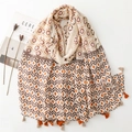 Linen feel scarf with ethnic geometric patterns, gemstone prints and orange fringe tassels - Khaki (SL2407-019)