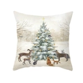 Detailed Christmas elk and forest animal illustration on square polyester cushion cover - 18x18 Inch / Christmas Tree With Forest Animals Circle Illustration (DRD289-17)