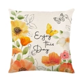 Housse de coussin Enjoy this Day avec fleurs aquarelles et papillon sur tissu blanc cassé - Slogan Enjoy Fleur Papillon (JYM281-4)