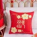 Red festive cushion cover featuring Double Happiness print for wedding decor on white bed - Double Happiness Arrives (Cover + Core)