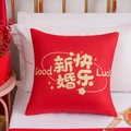 Red plush square wedding pillow with Happy Marriage print and floral accents - Happy Newlyweds (Cover + Core)