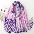 Detailed flat lay of purple and pink wave pattern scarf with elegant fringe and magazine - 180cmx88cm / Purple Style (SL2407-023 Purple)