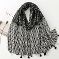 Black and white geometric scarf with tassels, eye patterns and tassels on white background - Black (SL2407-019)