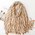 Écharpe effet lin avec imprimé floral vintage et glands sur un fond blanc épuré - 180*88cm / Khaki (SL2408-001)