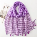 Detailed view of purple floral print scarf with gradient color blocks and fringe tassels - Purple (SL2407-019)