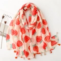 Lightweight linen strawberry print scarf with orange tassels for sun protection and styling - 180*88cm / Strawberry Print (SL2408-011)