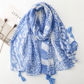 Blue and white leopard print scarf with tassels for summer sun protection shawl - One Size / Blue White Leopard Letter Style (SL2408-014)