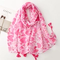 Elegante bufanda rosa con tacto de lino, estampado de corazones y borlas, chal para mujer - Corazón Rosa (SL2408-009)