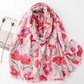 Schal aus Baumwollleinen mit rotem Mohnblumenmuster und feinen Fransen für Damen - Rosé