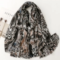 French style thick cotton linen scarf with peacock marble pattern and frayed edges - Abstract Marble Black