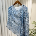 Detail of blue and white geometric pattern shawl with traditional Chinese frog buttons - 260*60 / Blue White Geometric Wave (SL2408-pk31)