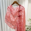 Detail of red geometric print shawl featuring traditional Chinese button closure - 260*60 / Red White Geometric Pattern (SL2408-pk30)