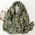 Green and beige feather pattern scarf in cotton-linen feel with soft fringed edges - Abstract Wave Green