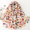Schal in Leinenoptik mit bunten Cartoon-Katzenmotiven und feinen Fransen am Rand - 180*88cm / Cartoon Katze Druck (SL2409-001)