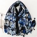 Detail of soft leopard pattern shawl with ink painting style and handmade tassels - Blue Ink Wash Texture (SL2409-004-Blue)