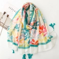 Pañuelo ligero de mujer con estampado floral botánico y borlas de color turquesa - 180*88cm / Estampado de Plantas Multicolor (SL2405-005)