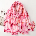 Schal in Pink und Weiß mit Goldfolien-Blumenmuster und weichen, feinen Fransen - Rosa